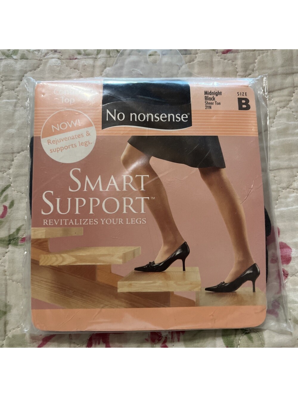 No Nonsense Smart Support Pantyhose Size B Midnight Black 27N Sealed Made USA
